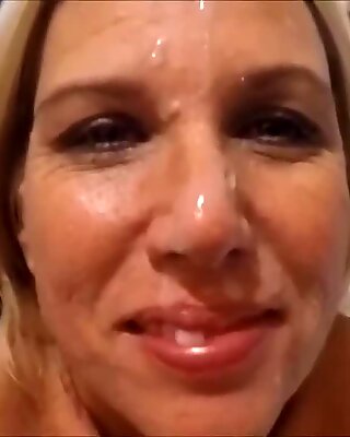Adding the fourth cum to her face for the night