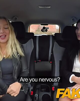 Fake Driving School lesbian sex with hot Australian babe and busty milf